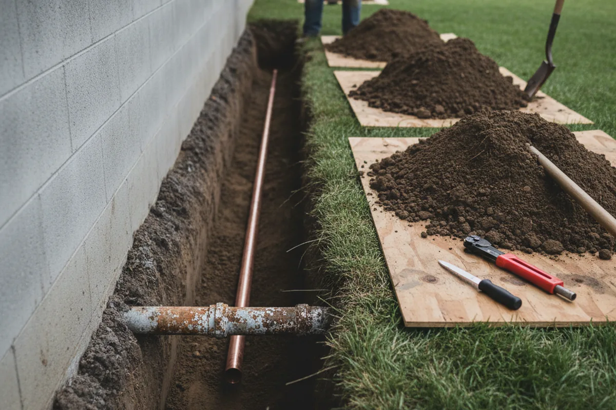 Excavated water line trench during Sewer Line Repair in Haledon